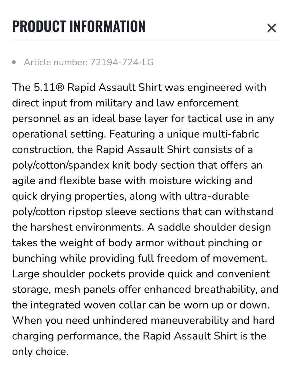 5.11 Tactical Rapid Assault Shirt - Picture 13 of 13